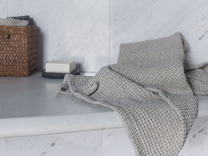 Natural Waffle Bath Towel on marble counter - Lagodie