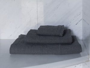 Linen Waffle Towel Set folded on marble counter - Grey - Lagodie