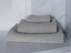 Linen Waffle Towel Set folded on marble counter - Natural Taupe - Lagodie