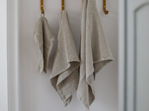 Linen Waffle Towel Set hanging on hooks - Natural Taupe - Lagodie Product Photo