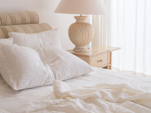 Bright White Bedroom decor with Off White Linen Bedding - Lagodie